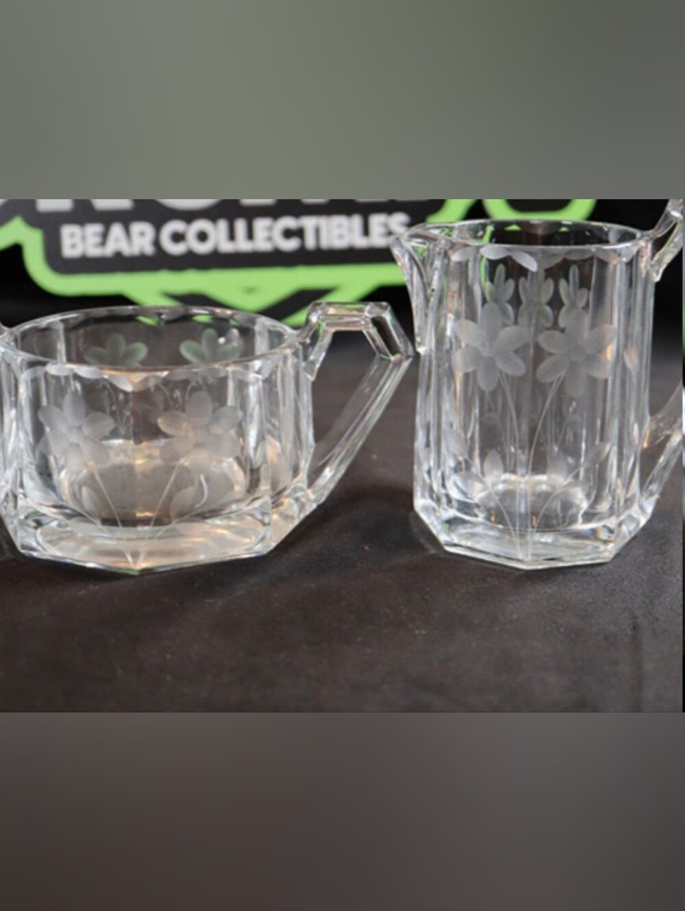 Vintage Heisey Quator Etched Floral Heavy Glass Creamer & Sugar Bowl Set